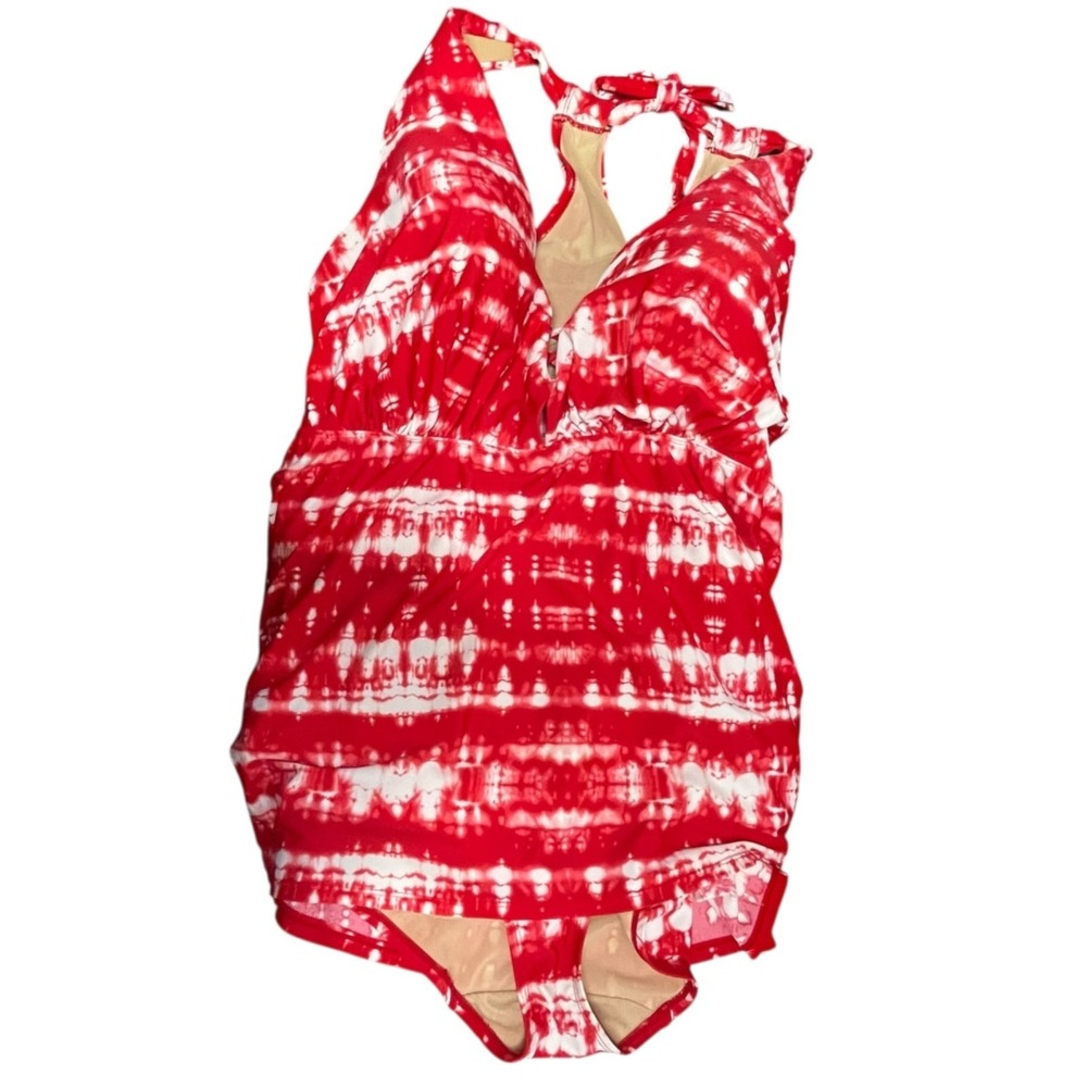 Red White Tie Dye Halter Keyhole Swimdress One Piece Swimsuit